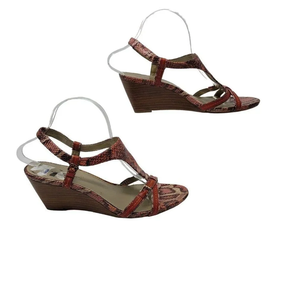 Bandolino Vegan Faux‎ Leather Strappy Wedge Sandals 10 Pink Coral Snake Embossed